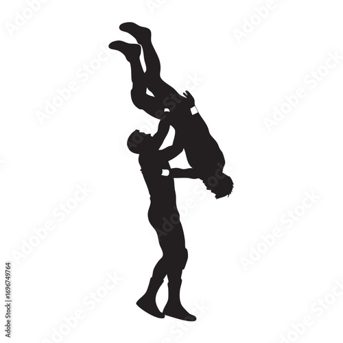 Silhouette Vector Illustration of Acrobatic Dancers Performing Handstand in Modern Minimalist Style with Black Monochrome Palette