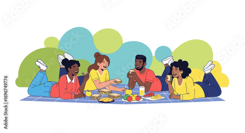 Cheerful Group Enjoying A Picnic With Food And Sharing Laughter On A Sunny Day