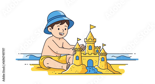 Child's Joyful Construction: A Beachside Adventure Featuring Sandcastle Creation