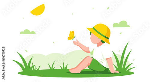 Childs Playfully Interacting With A Butterfly Enjoying The Beauty Of Nature And Summer