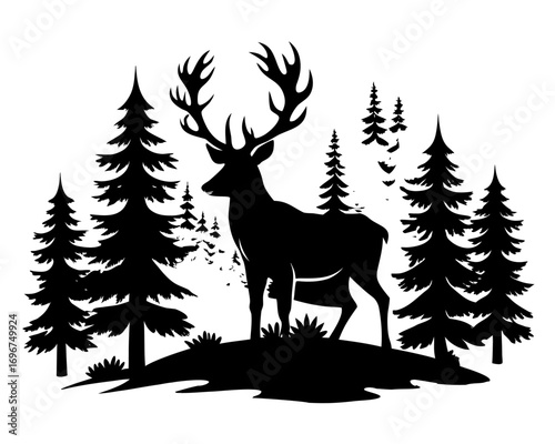 deer with pine trees and forest scenery  simple   silhouette vector