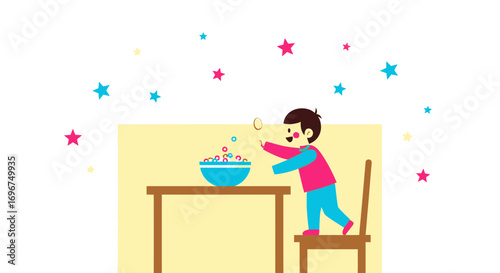 Childs Joyful Moment Catching Floating Spheres With Delightful Starry Decor