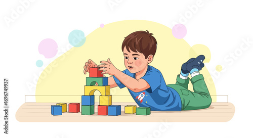 Child's Playtime Constructing Tower With Wooden Blocks on the Floor