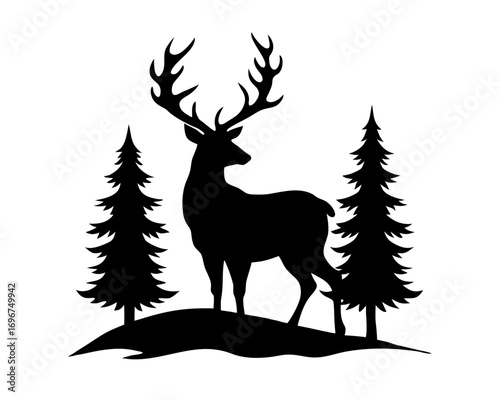 deer with pine trees and forest scenery  simple   silhouette vector