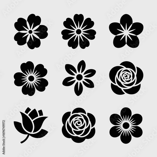 Collection of nine black silhouetted flower illustrations perfect for vector graphics and scalable design projects