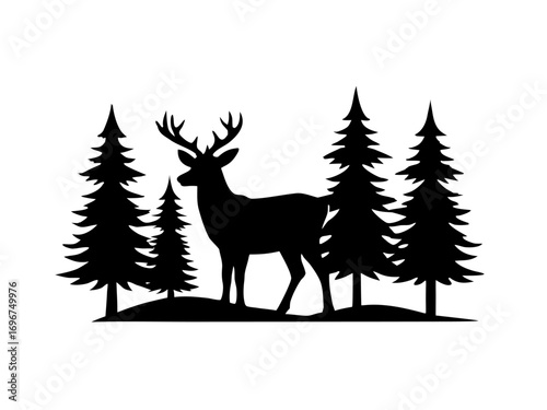deer with pine trees and forest scenery  simple   silhouette vector