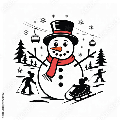 Festive snowman surrounded by winter activities isolated on white background