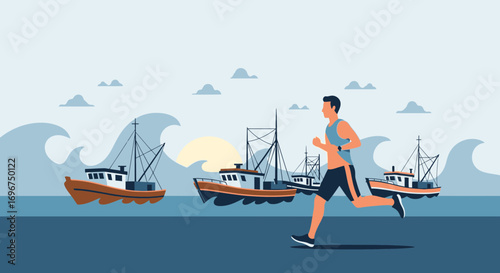 Coastal Runner's Journey: Fitness, Fishing Vessels, And Oceanic Vista, Inspiring Daily Sports