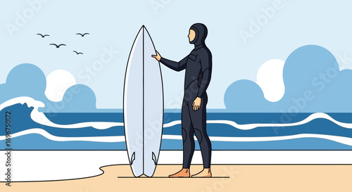 Coastal Surfer Ready For The Waves With His Surfboard And A Beautiful Sea