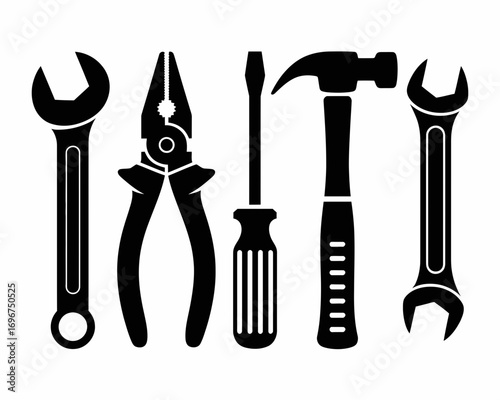 Collection of classic silhouette tools including wrench pliers screwdriver and hammer isolated vector illustration