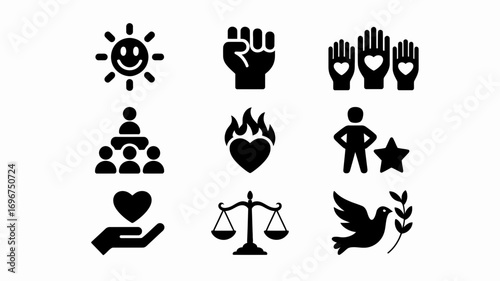 Set of 9 black and white minimalist vector icons representing social causes concepts and symbols scalable eps illustration