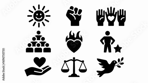 Set of 9 minimalist black and white vector icons symbolizing unity hope peace justice community and love scalable for graphic design projects