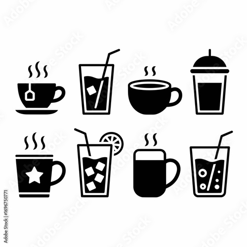 Vector black and white icons set of hot and cold beverages and drinks collection scalable illustration for graphic design