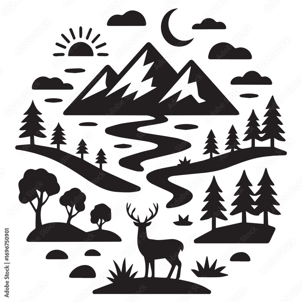 Fototapeta premium Silhouette illustration of a scenic mountain landscape with a deer at night