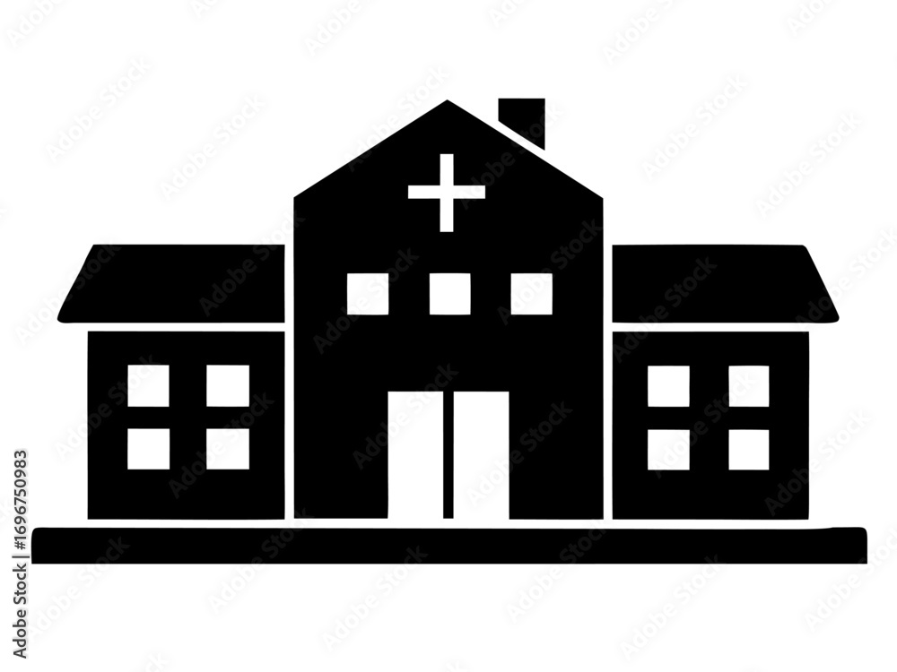 Fototapeta premium Hospital building black silhouette vector,Hospital building skyline