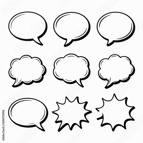 Set of 9 hand-drawn speech bubbles and comic blurbs vector illustration scalable eps icon for design projects