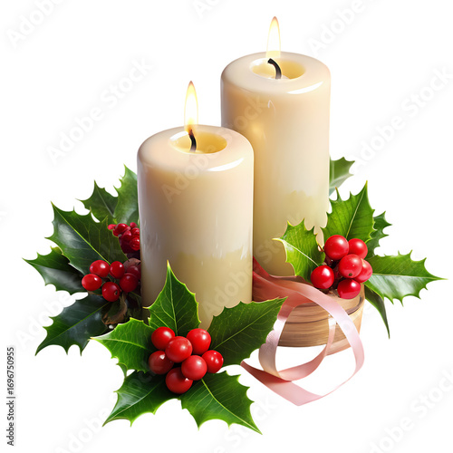 Two Lit Candles with Holly and Berries isolated on transparent background