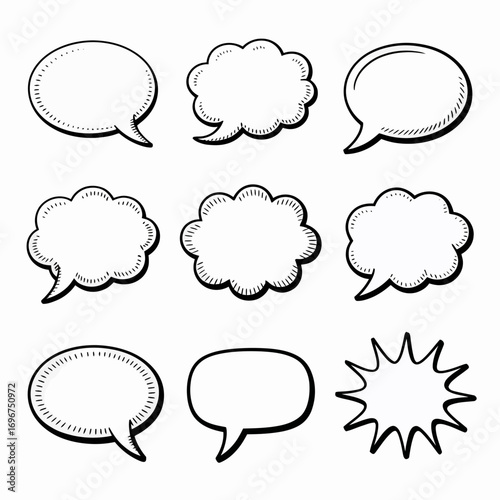 Set of 9 hand drawn black and white speech bubbles vector icons and illustrations scalable eps clipart