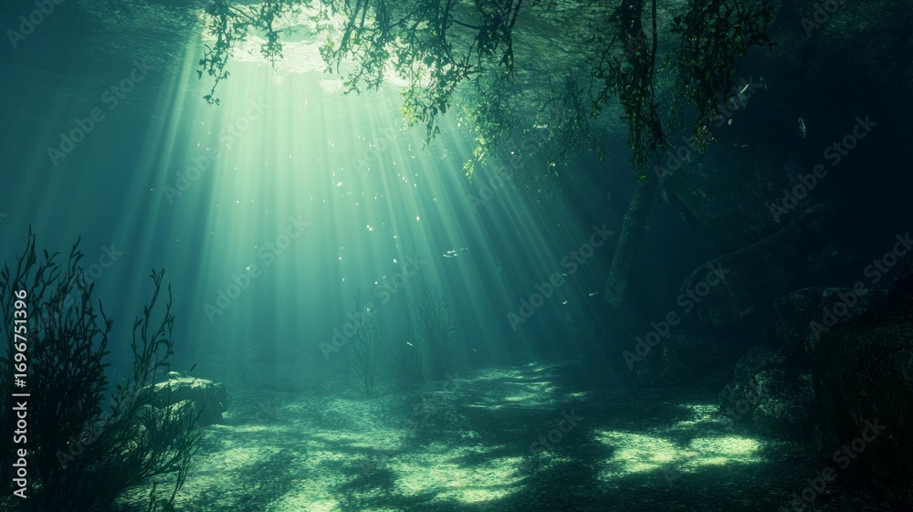 Fototapeta premium Sunlit coral reef underwater scene. AI generated