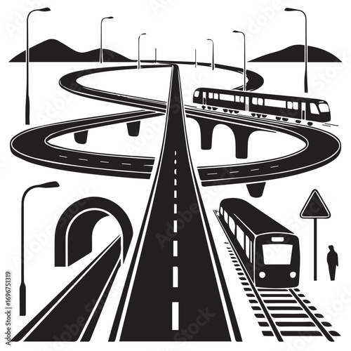 Silhouette illustration of transportation infrastructure isolated on white background