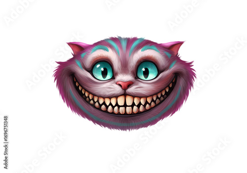 Cheshire Cat Illustration Grinning Feline Face whimsical character design digital art isolated on transparent background
