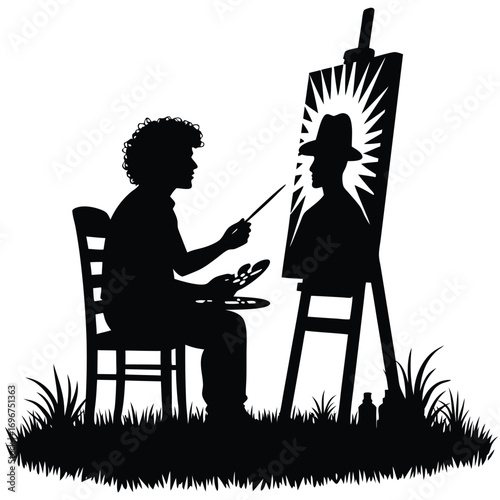 Silhouette of an artist painting a portrait on an easel