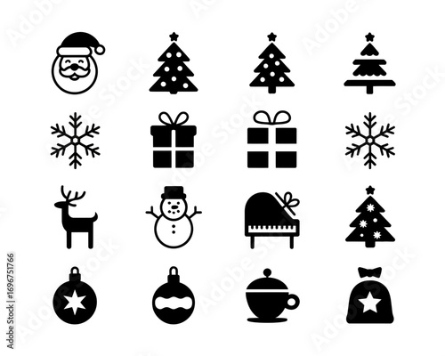 Set of 16 minimalist black and white christmas icons vector graphics for festive designs scalable eps files