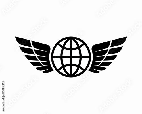 Winged globe vector logo icon for global aviation travel and business representing worldwide connectivity and international ventures scalable design