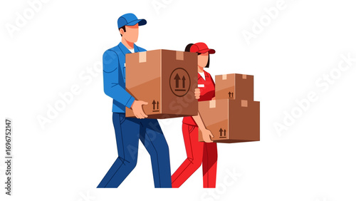 Swift Delivery: A pair of couriers expertly navigate their route, each carrying a stack of packages marked with directional symbols, highlighting logistics and the dedication to timely delivery.