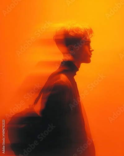 Dynamic Motion Blur Portrait of Young Man with Backpack on Vibrant Orange Background, Representing Urban Lifestyle, Travel, and Modernity