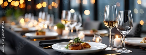 Elegant dining experience featuring beautifully plated gourmet dishes and fine wine in a softly lit restaurant setting during the evening