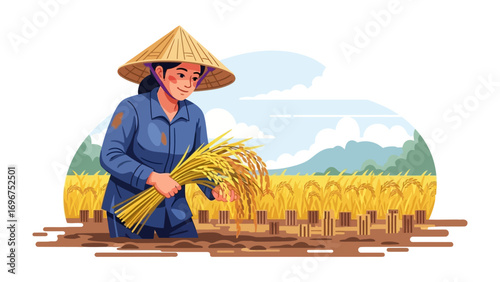 Harvesting Hope: An illustration captures a woman in a conical hat, hand-picking golden rice, symbolizing the abundance of nature and dedication to agricultural livelihood.