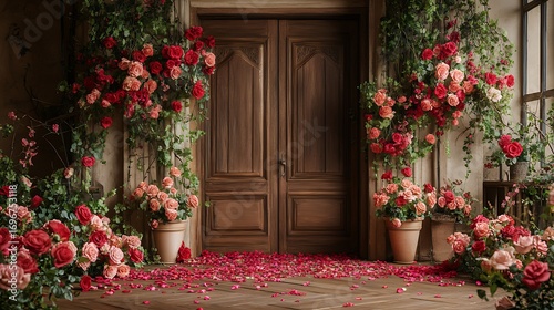 Romantic wooden door adorned with vibrant roses and scattered petals