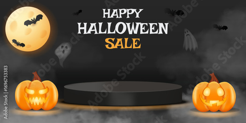 Happy Halloween sale banner with pumpkins, moon, bats, ghosts, foggy background and black podium. Scare vector illustration for holiday promotion, discount, special offer.
