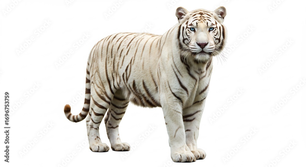 Obraz premium Tigre bianco elegante posa su sfondo bianco luce naturale. AI Generated