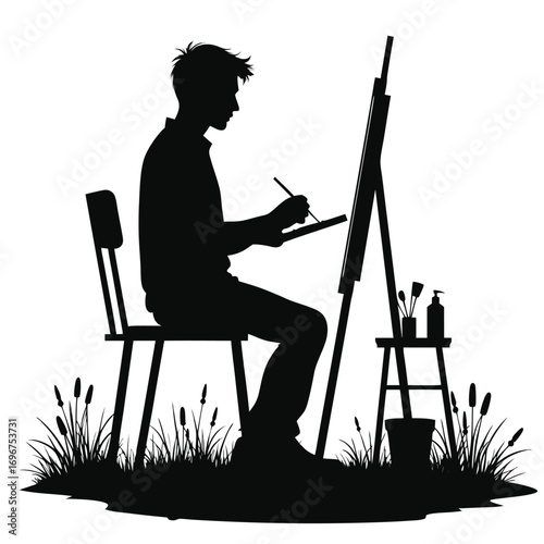 Silhouette of artist painting on easel with reeds and supplies Keywords: artist, painting, easel