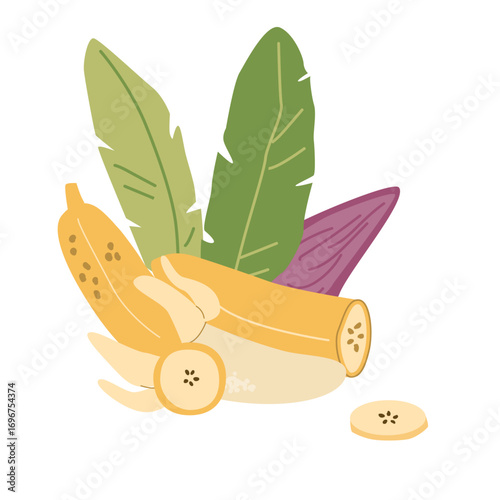 Colorful abstract banana and leaf illustration on transparent background.