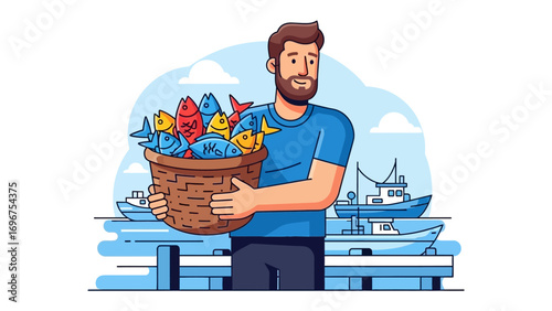 Fisherman's Bounty: A robust fisherman, his beard a testament to the open sea, carries a woven basket overflowing with a vibrant catch of fish against a coastal backdrop.