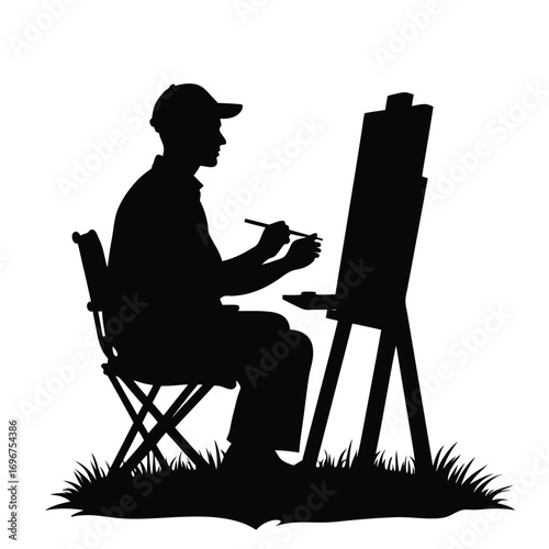 Silhouette of artist painting outdoors on a white background
