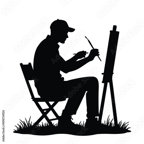 Silhouette of artist painting outdoors on a white background