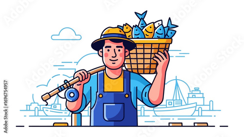 Fisherman's Bounty: A fisherman, bearing a basket overflowing with freshly caught fish and his fishing rod, stands with pride, symbolizing the fruits of his labor and the joy of a successful catch.