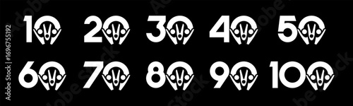 Set of collection numbers 1 to 10 with people element vector illustration. Teamwork element with numbers 10, 20, 30, 40, 50, 60, 70, 80, 90, 100 for greetings, anniversary and more.	