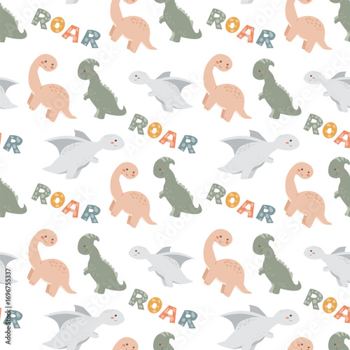Colorful dinosaur pattern with playful roar text on black background.