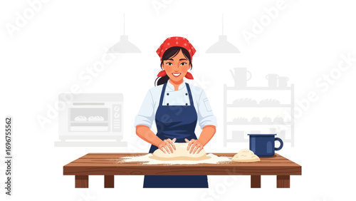 Artisan's Touch: A cheerful culinary artist, kneading dough with precision in a rustic, well-lit bakery, bringing an authentic touch of culinary arts.