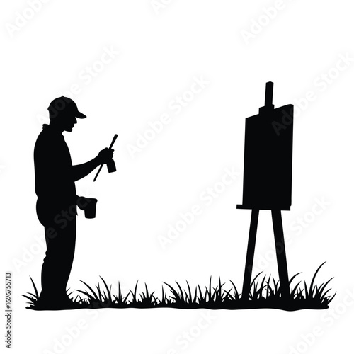 Silhouette of artist painting outdoors on white background Keywords: artist, painting, easel