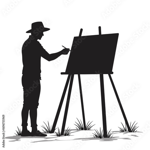 Silhouette of artist painting outdoors on white background Keywords: artist, painting, easel