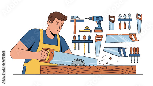 Crafting Dreams: A skilled artisan is immersed in the process of crafting, cutting wood with a saw, surrounded by essential tools