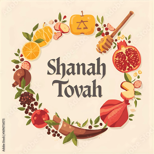 Rosh hashanah greeting card design with festive elements