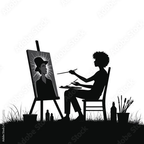 Silhouette of artist painting self portrait outdoors Keywords: artist, painting, self portrait