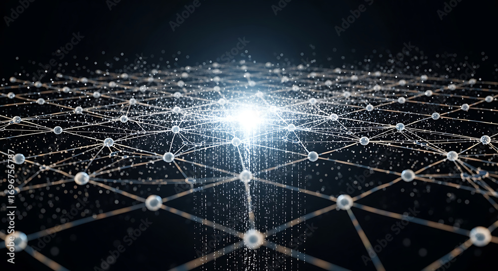 Fototapeta premium Abstract digital network with glowing central light and interconnected nodes representing data flow and advanced technology concepts.